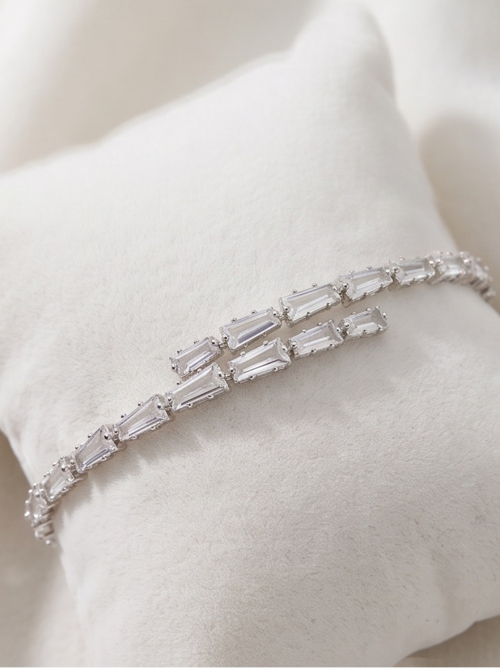 Classic Silver Baguette-Cut Crystal Bracelet for Women size adjustable
